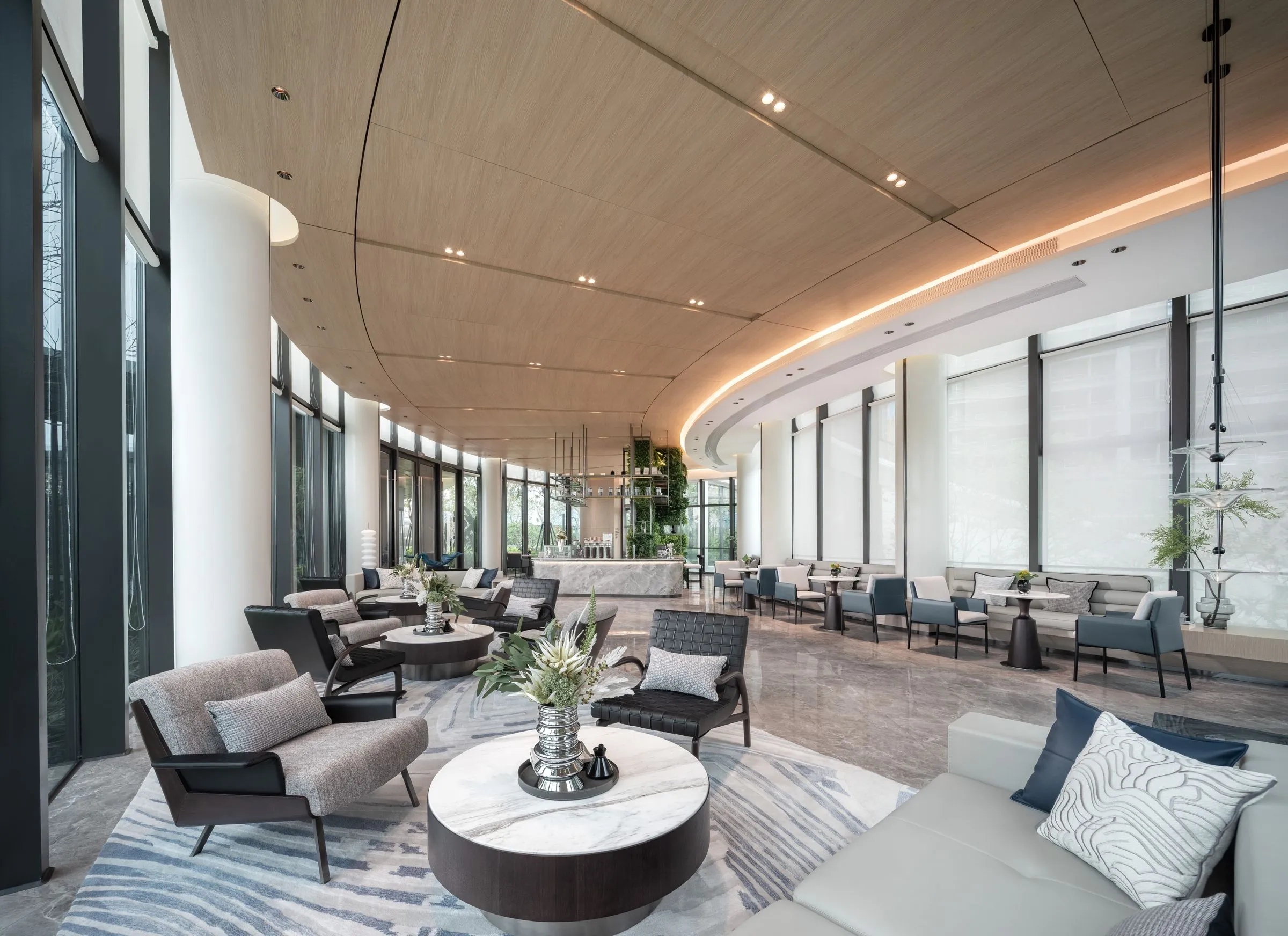 Bright modern hotel lobby lounge